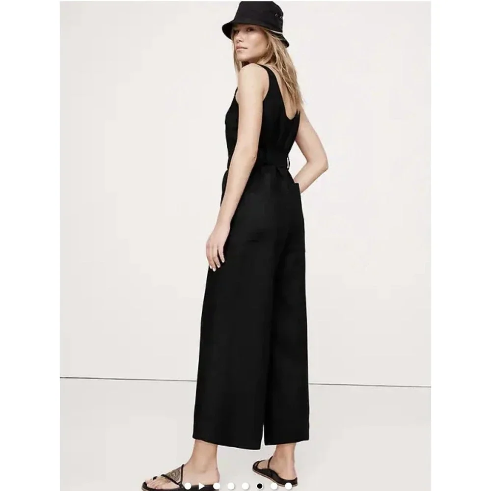 NWT Banana Republic Linen Belted Workwear Jumpsuit Black Sz 0 P MSRP $180